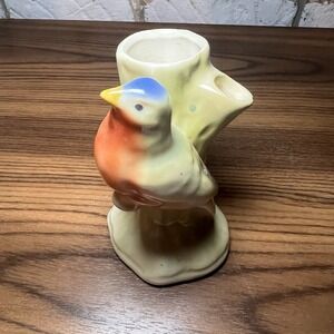 Czech Bud Vase Bird Vintage Art Pottery Flower Yellow Blue Red Porcelain *chip